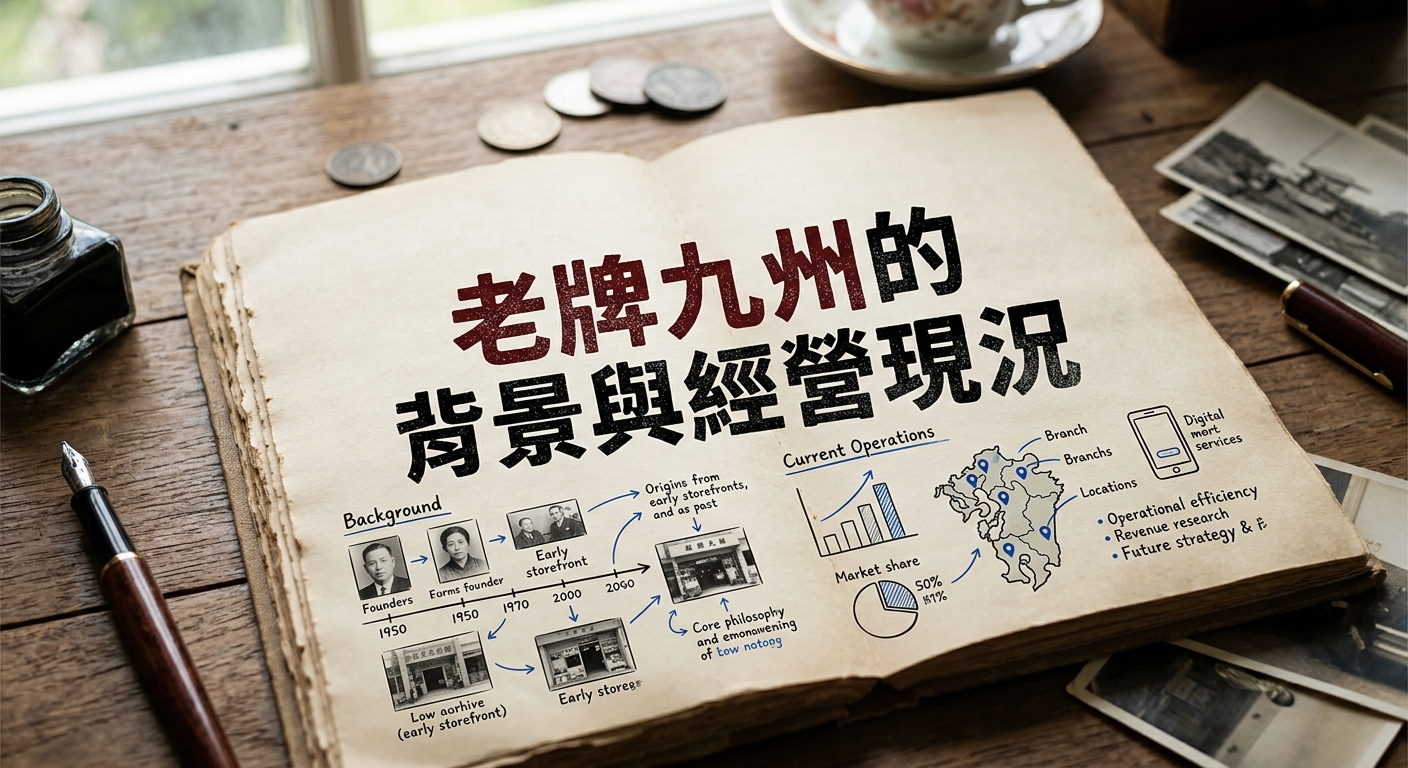 這張圖片展示了一本開啓的老舊記事本,上面用繁體中文大字寫著標題「老牌九州的背景與經營現況」。 頁面上繪有精美的手繪圖表與歷史照片,呈現出歷史背景沿革與當前營運數據交織的復古風格。