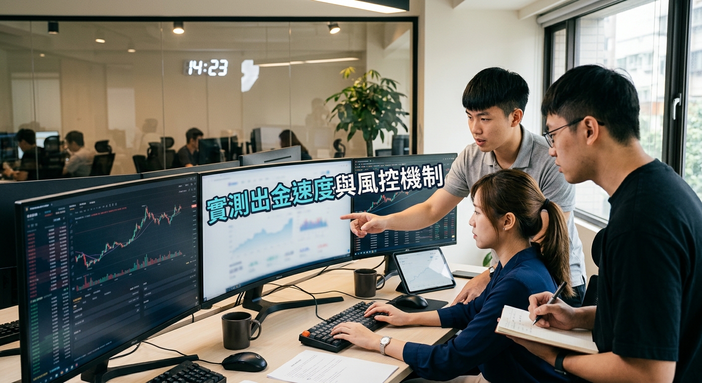 這張圖片展現了一個專業的金融交易與風控辦公室場景,團隊成員正專注地分析螢幕上的多個數據圖表。 畫面的主要焦點是螢幕上清晰顯示的標題「實測出金速度與風控機制」,凸顯出嚴謹且高效的測試過程。